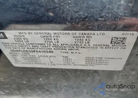 2015 Chevrolet Equinox Lt from USA, damaged, VIN 2GNFLCE39F6416349